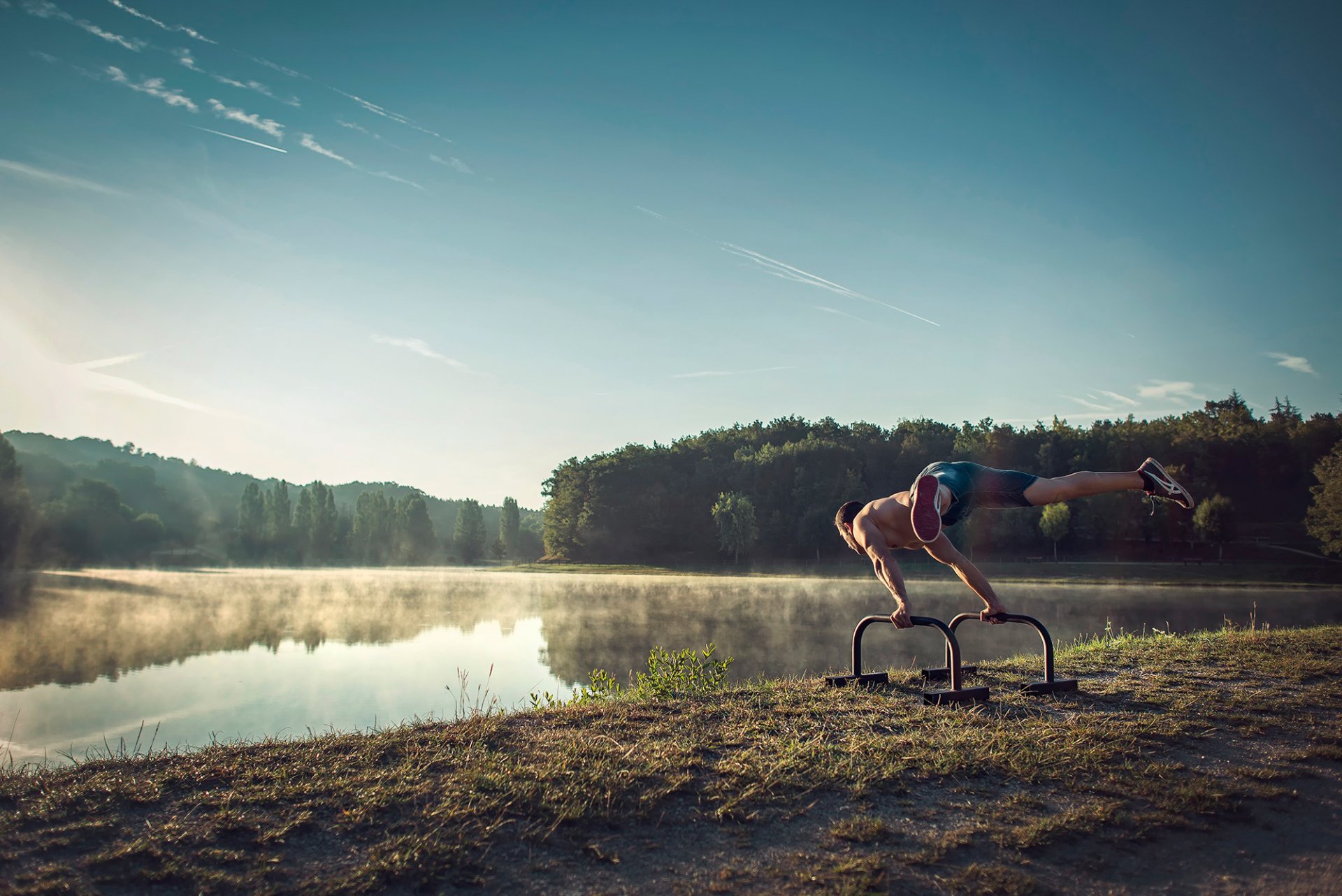 morning lake fog athlete