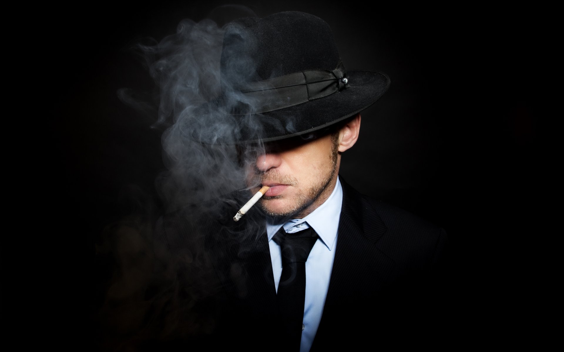 men suit necktie hat cigarette smoke man tie black background background wallpaper widescreen full screen hd wallpapers fullscreen