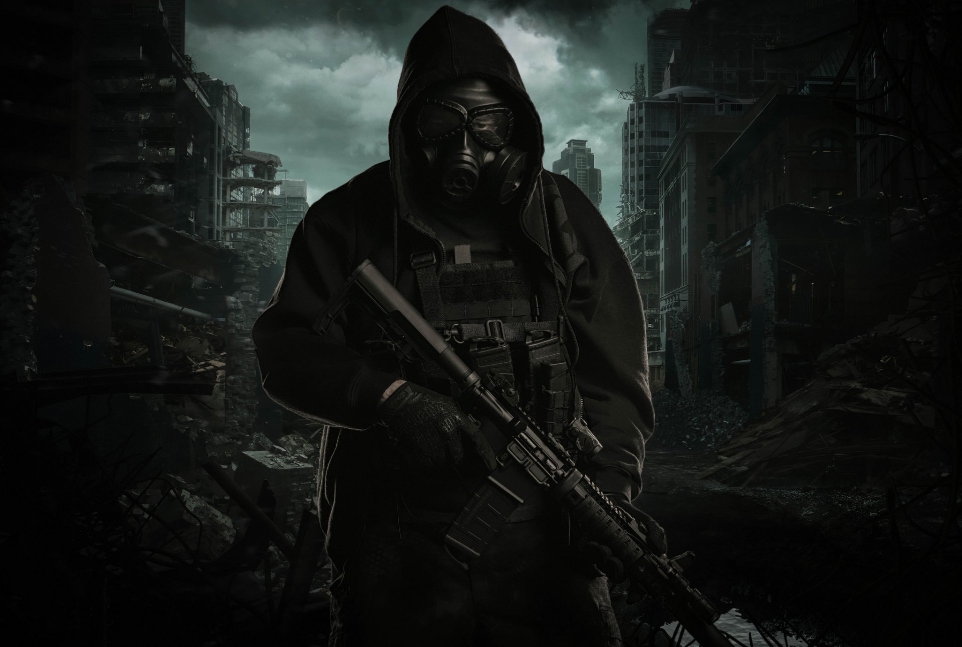 men hood mask jacket assault rifle weapon town destruction