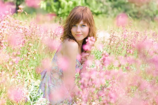 Ragazza nel campo tra i fiori rosa