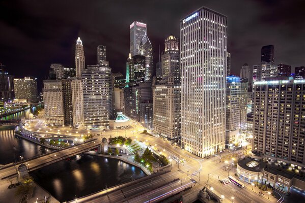 Chicago at night. Skyscrapers on fire