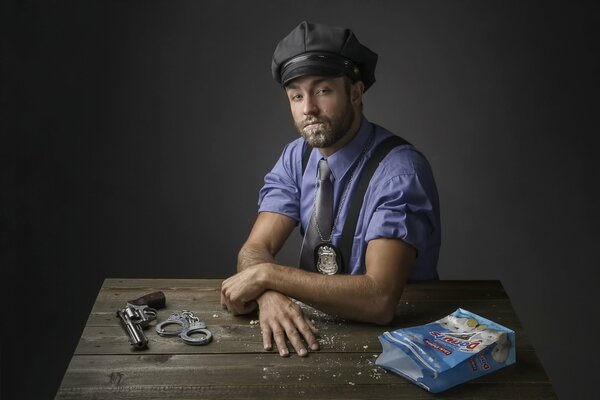 A cop poses for a photo. On the table is a revolver, handcuffs and a bag of doughnuts