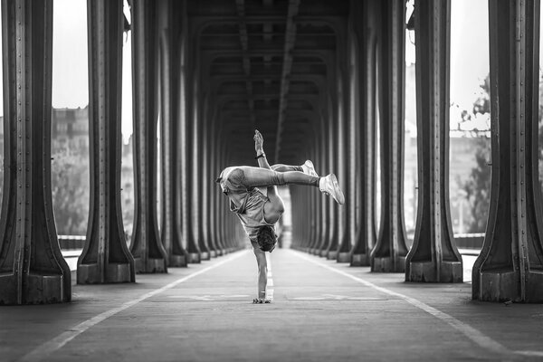 Gymnast in pose , black and white photo