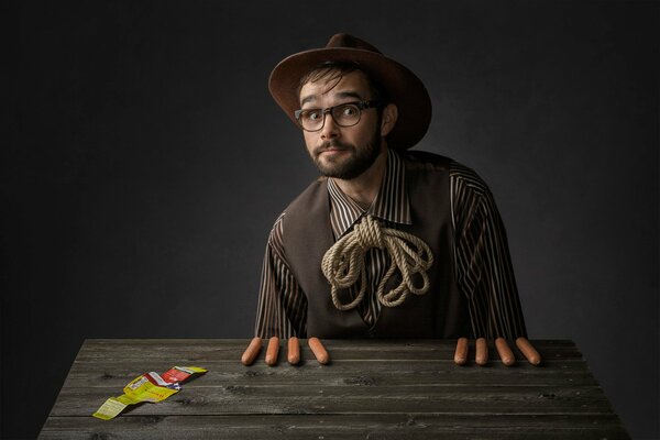 Comedy photo shoot with sausages