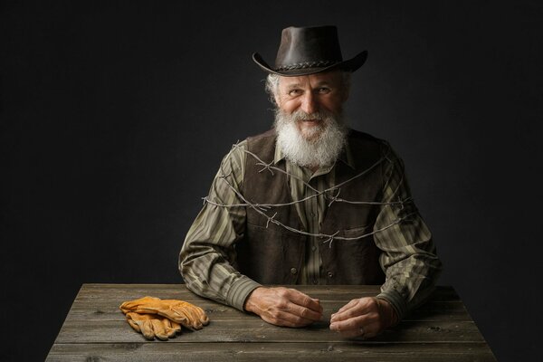 Photo de grand-père à la table en bois