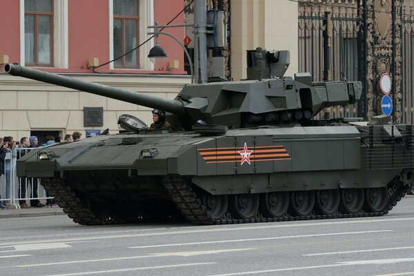 Russian battle tank with ribbon