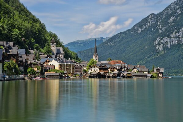 City houses in the reflection of the water surface