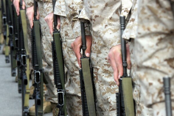 The soldiers lined up with weapons in their hands