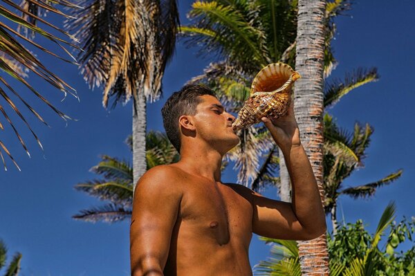 Un tipo bronceado en el fondo de palmeras sostiene un caparazón