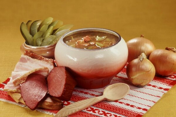 Ukrainisches Mittagessen, Borschtsch mit Speck auf Fleisch mit Zwiebeln