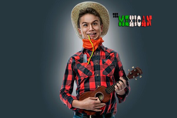 A man in a hat and a plaid shirt plays a small guitar