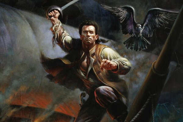 Arnold schwarznegger se Bat avec un sabre comme un pirate