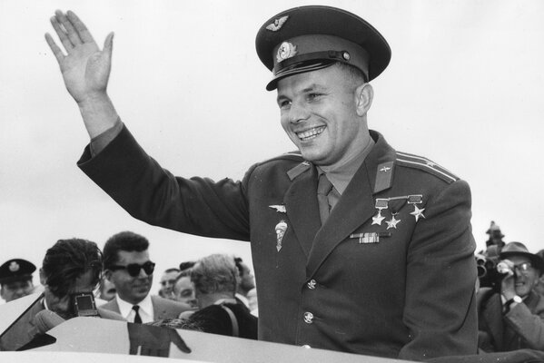 Gagarin smiles and waves