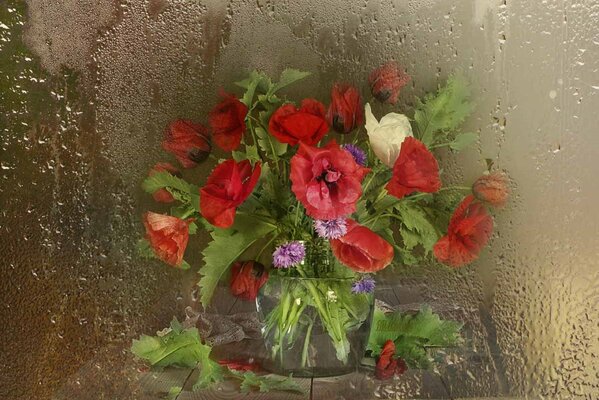 Bouquet sur la table à travers le verre embué