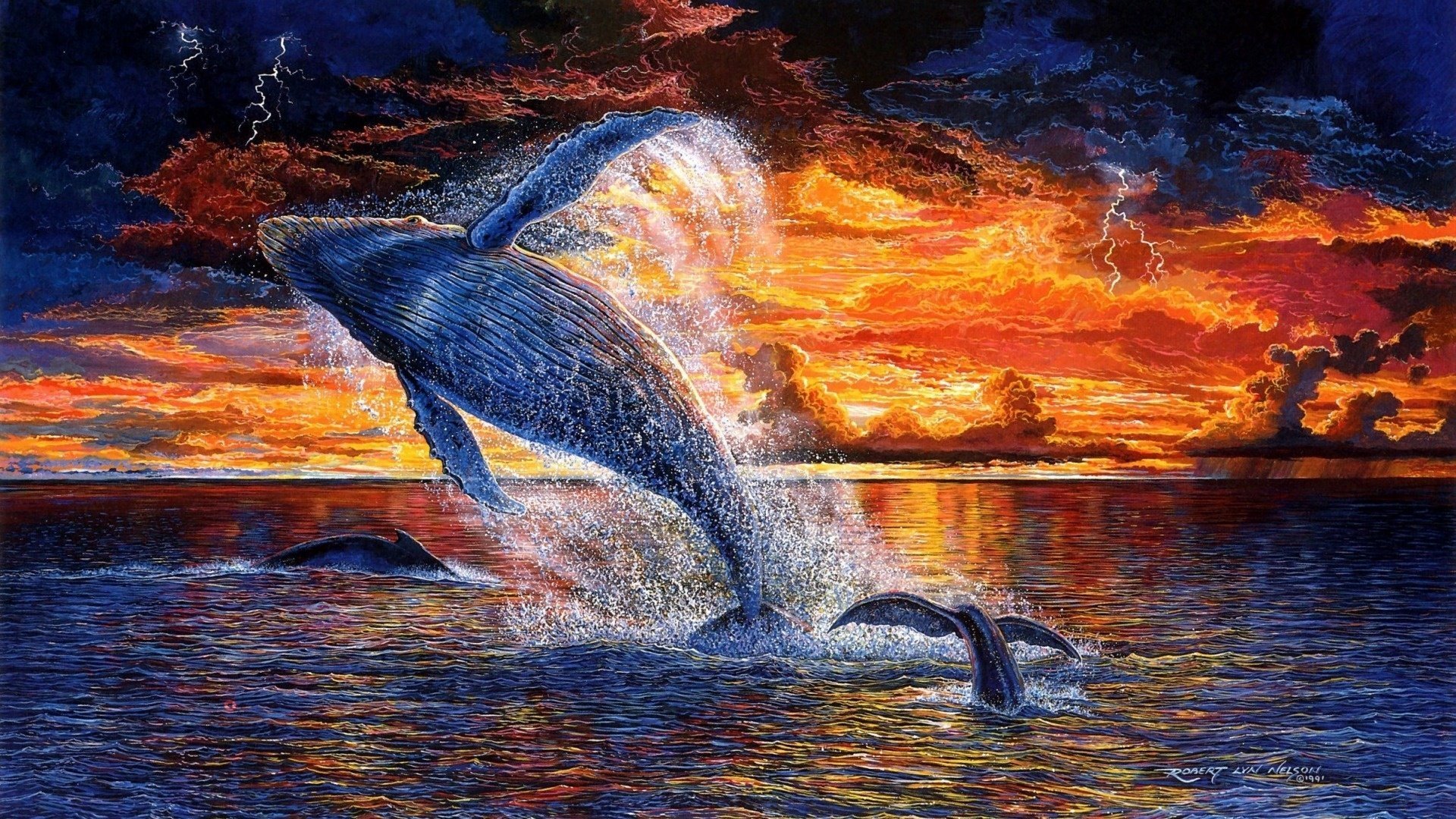 whale whale sunset expanses flight sky clouds painting