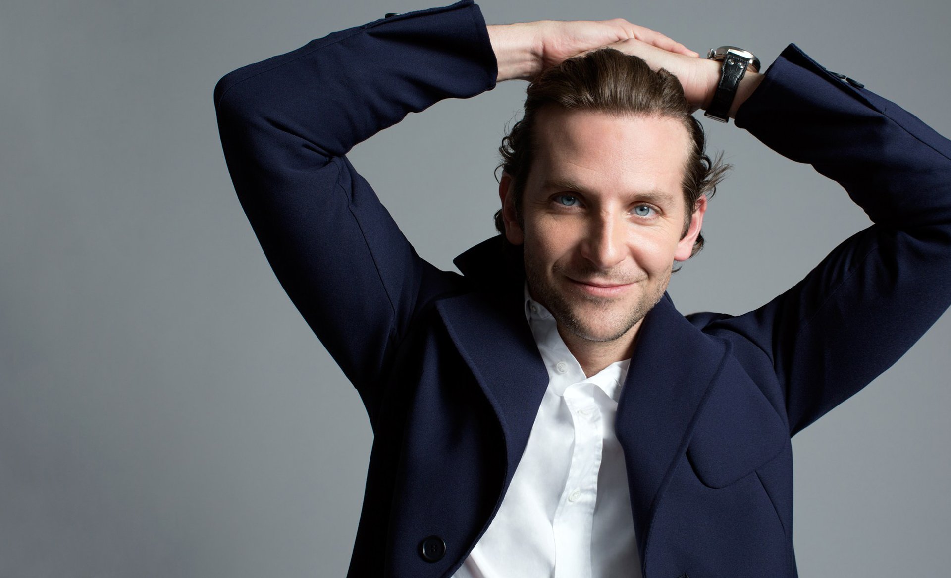 bradley cooper actor men smile jacket watches gray background