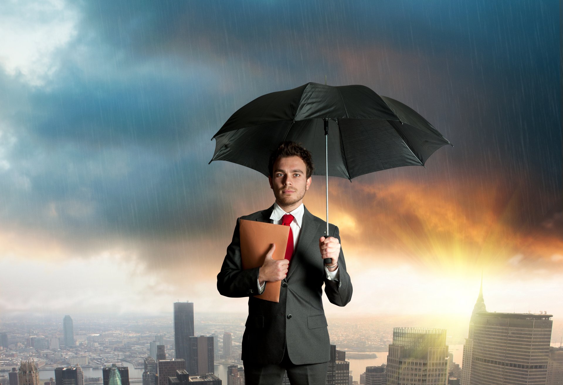 guy umbrella suit folder town clouds rain