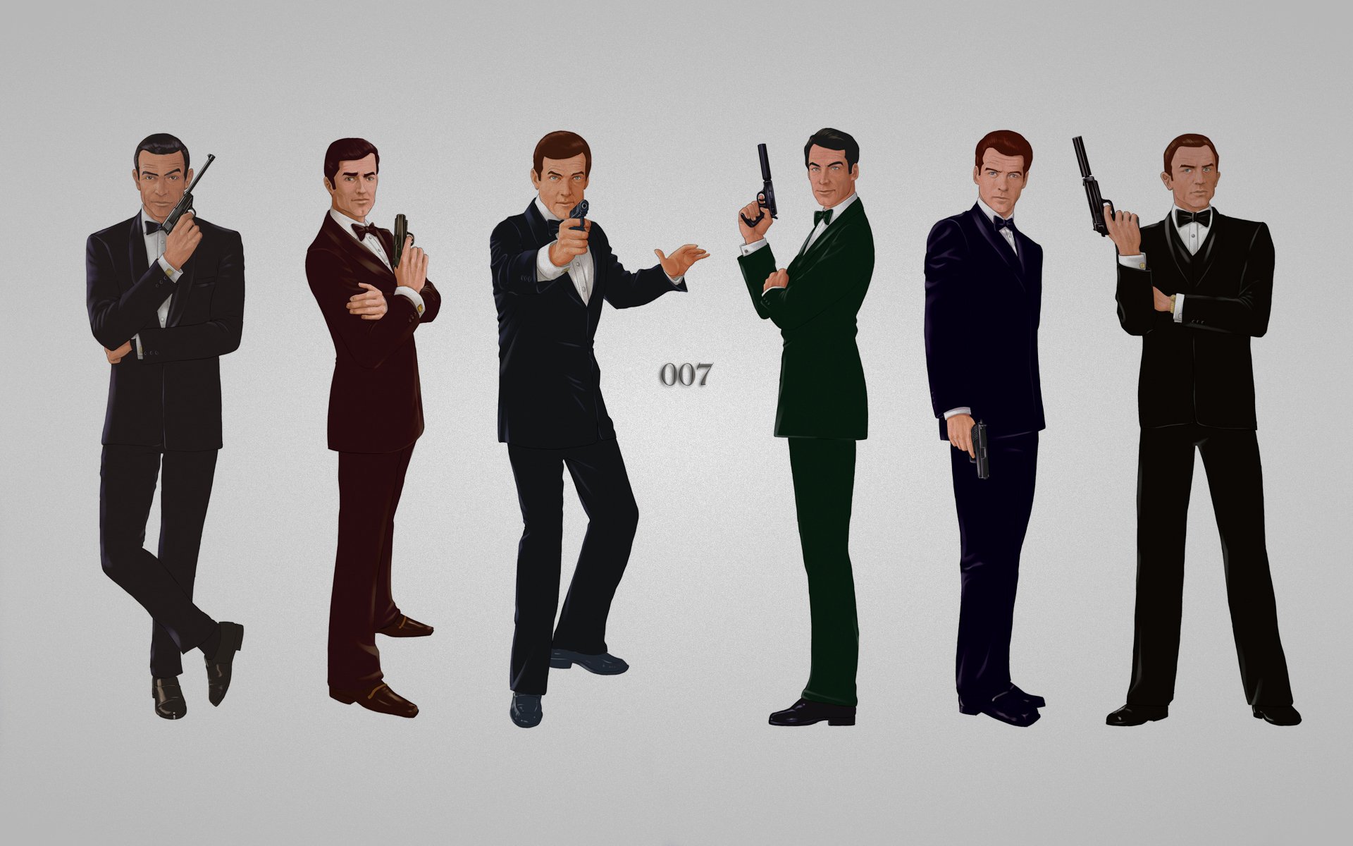 james bond pistole abiti sei uomini bondiana sean connery lazenby roger moore george timothy dalton pierce brosnan daniel craig sfondo grigio iscrizione agente 007