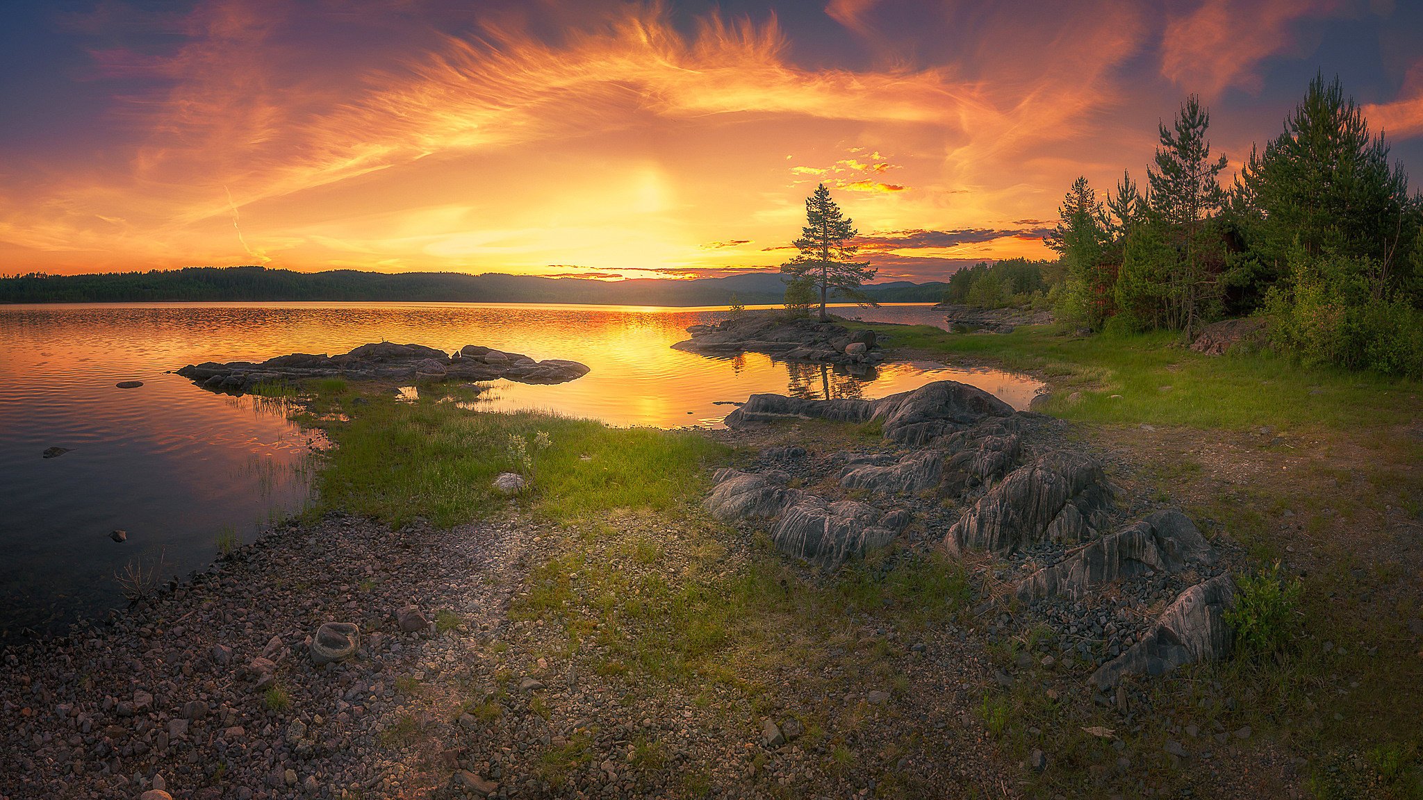 nature paysage coucher de soleil rivière pierres ciel nuages