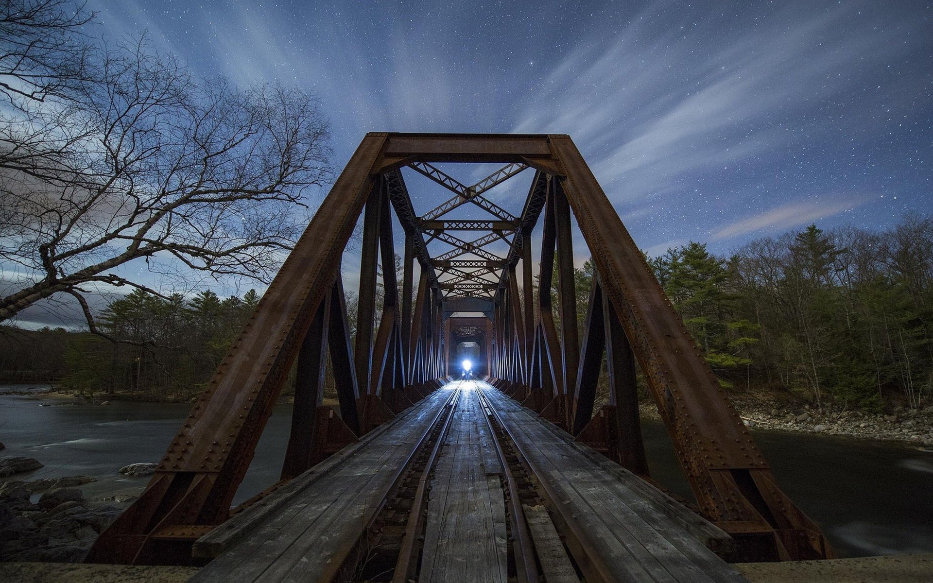 bridge night nature train river