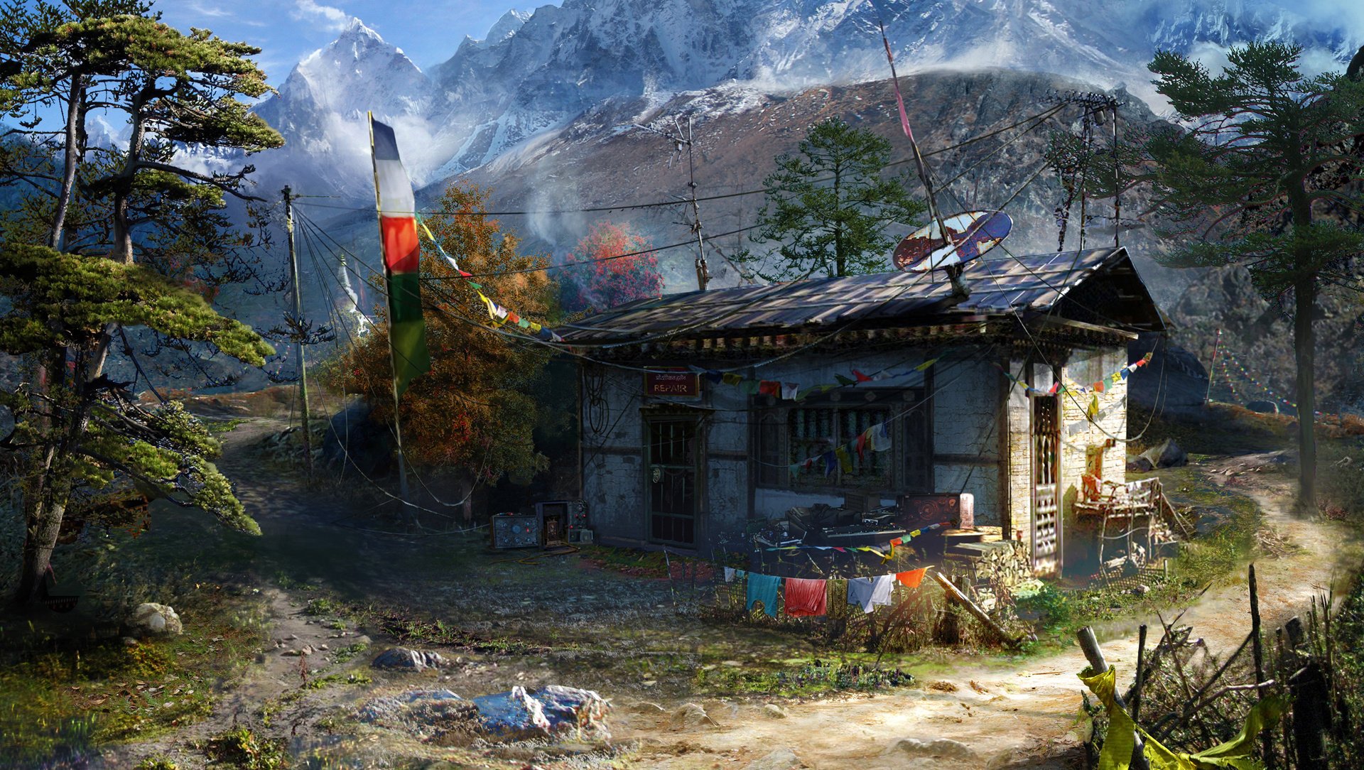 far cry 4 jeu montagnes base maison verdure paysage drapeaux