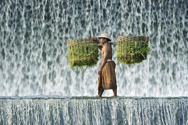 A man walks along the waterfall and carries a burden