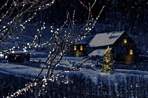 New Year s Winter night with lanterns near houses and fir trees