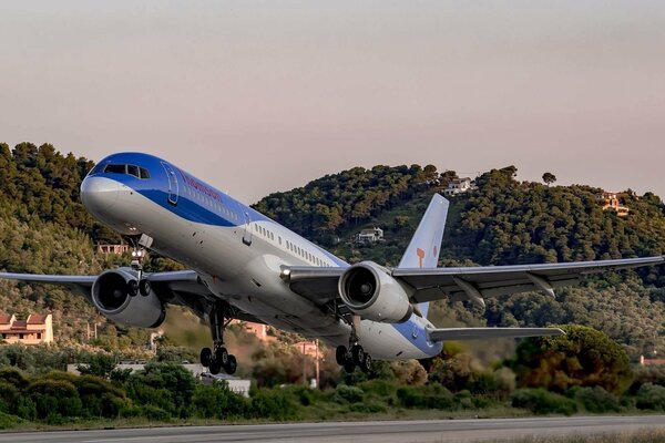 The plane took off from the ground against the background of wooded mountains