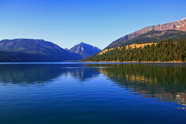 Leuchtend blauer See vor dem Hintergrund der Rocky Mountains