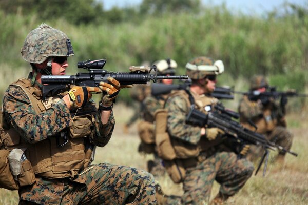 Soldaten in einer Uniform vor dem Hintergrund von Bäumen im Feld mit Waffen