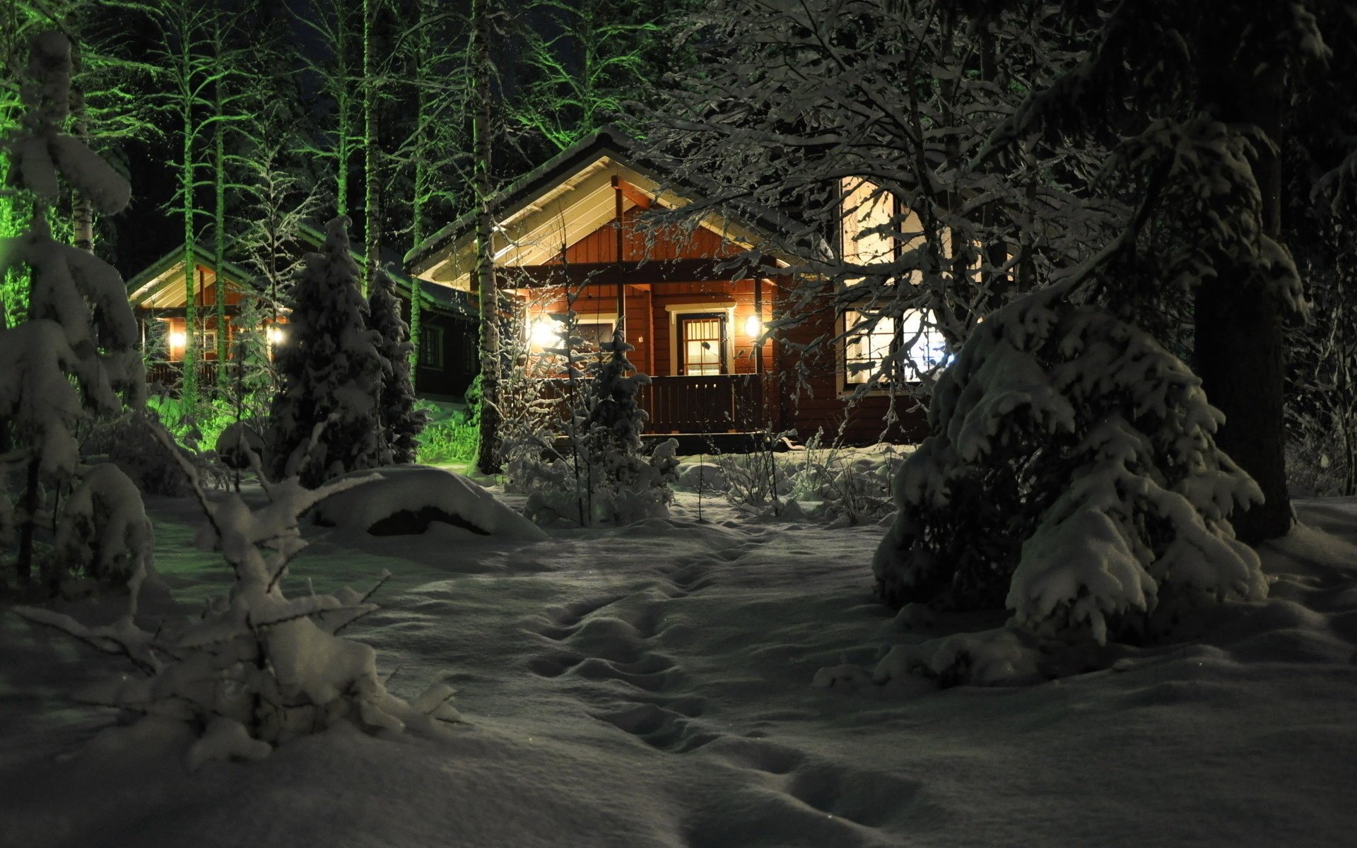 las śnieg zima domki noc