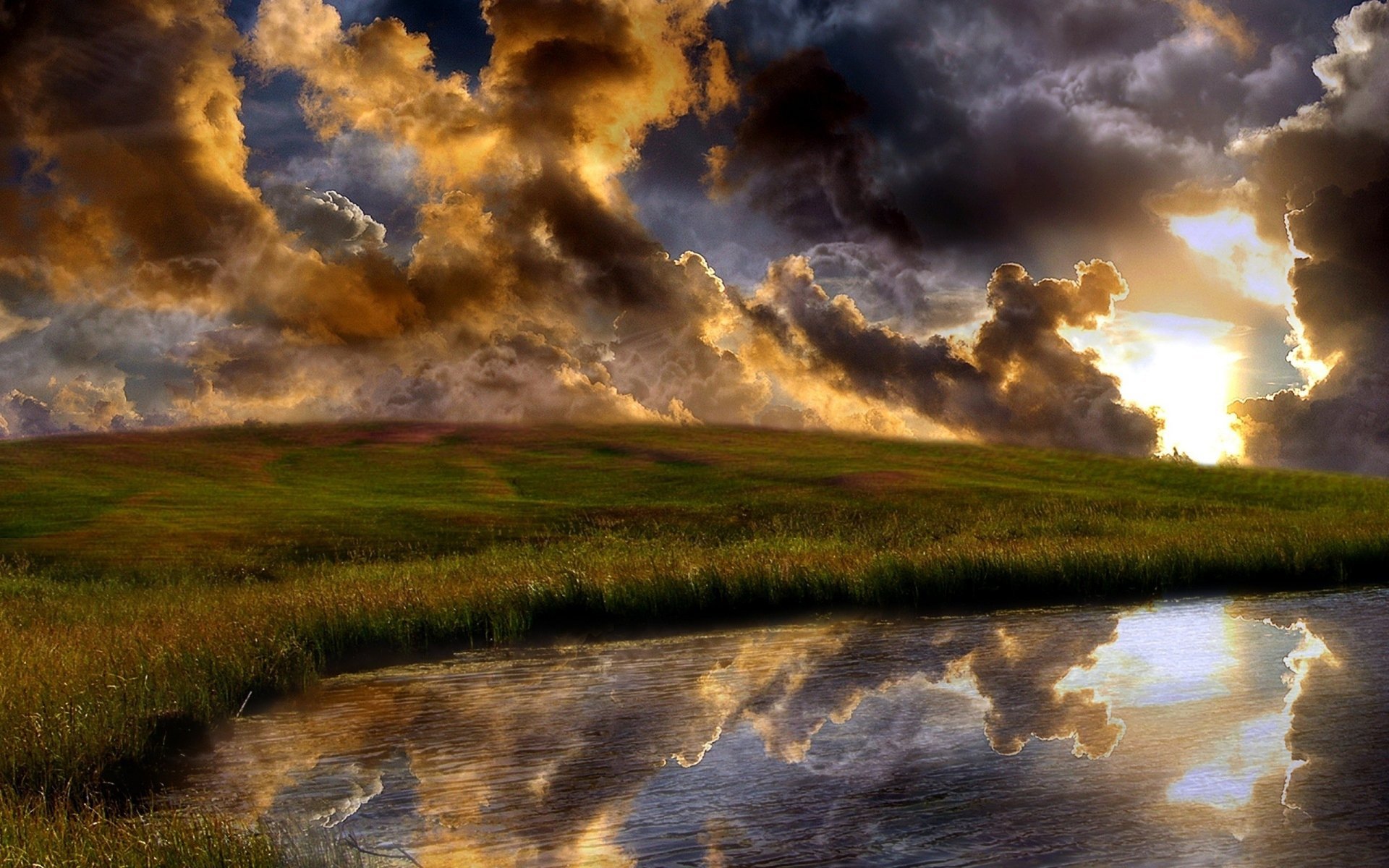 nuages herbe réflexion soirée