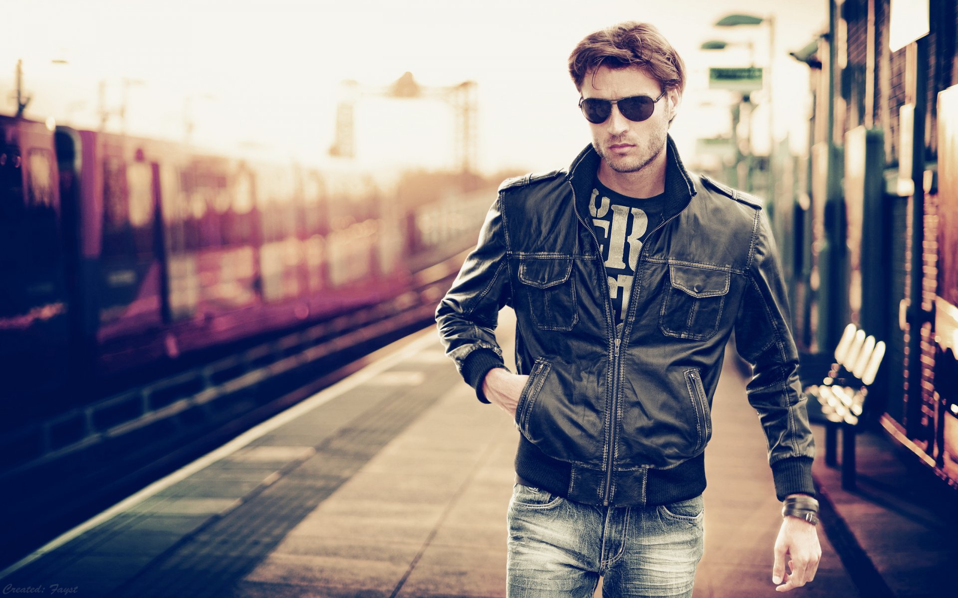 railway station men sunglasses jacket close up