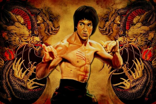 Karate legend Bruce Lee on the background of dragons