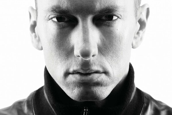 Black and white photo of Eminem close-up