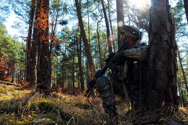 Soldato seduto al riparo nella foresta