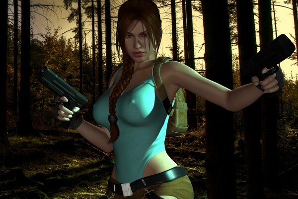 Lara Croft mit Pistolen in beiden Händen vor dem Hintergrund eines dunklen Waldes