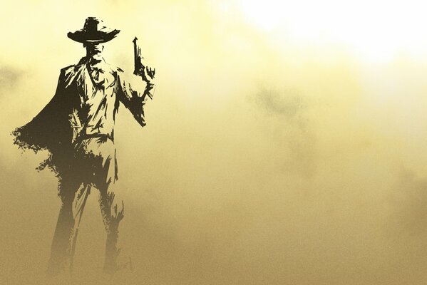 Silhouette of a cowboy with a revolver in the dust