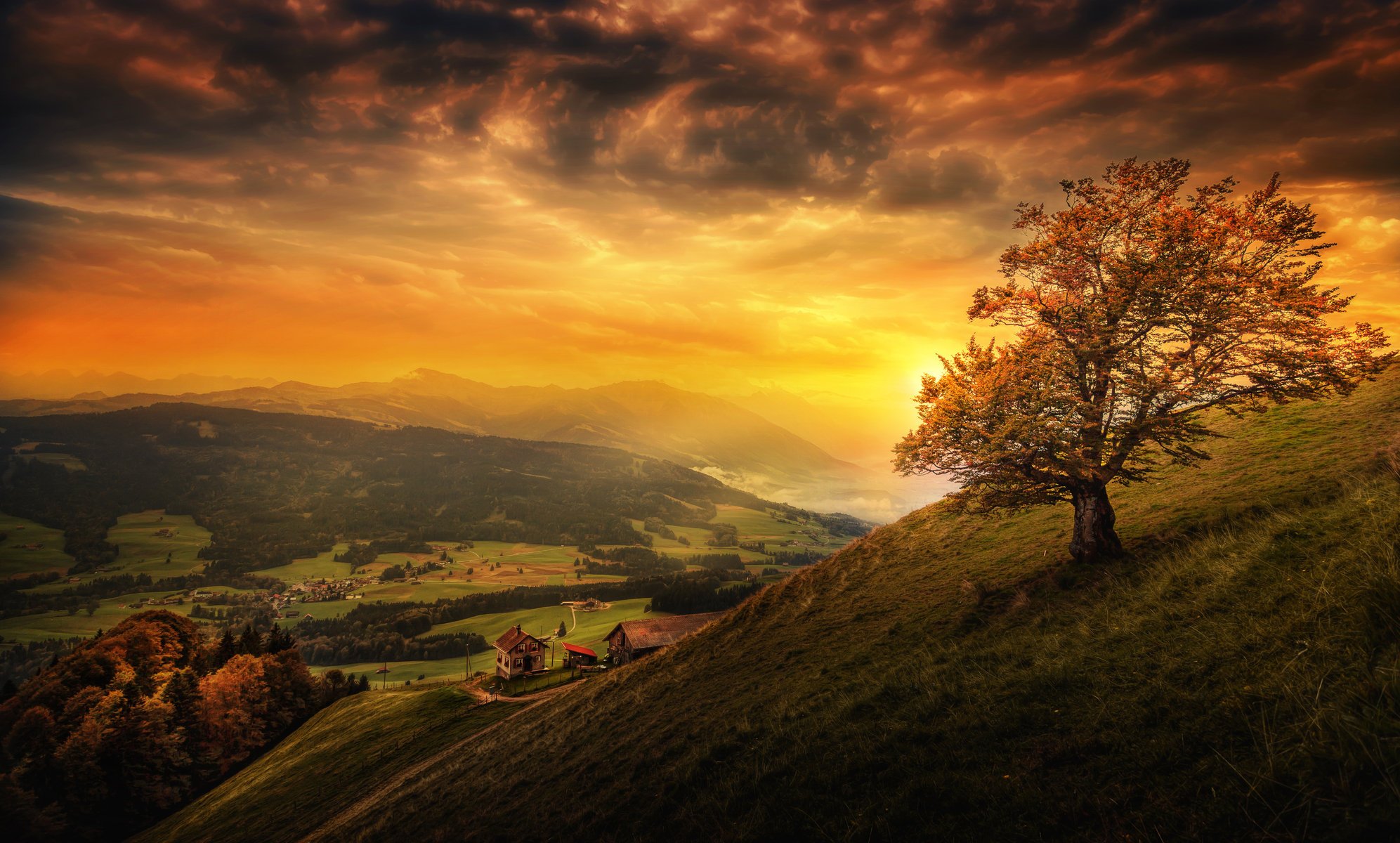 suiza paisaje puesta de sol montañas prados cielo árboles nubes