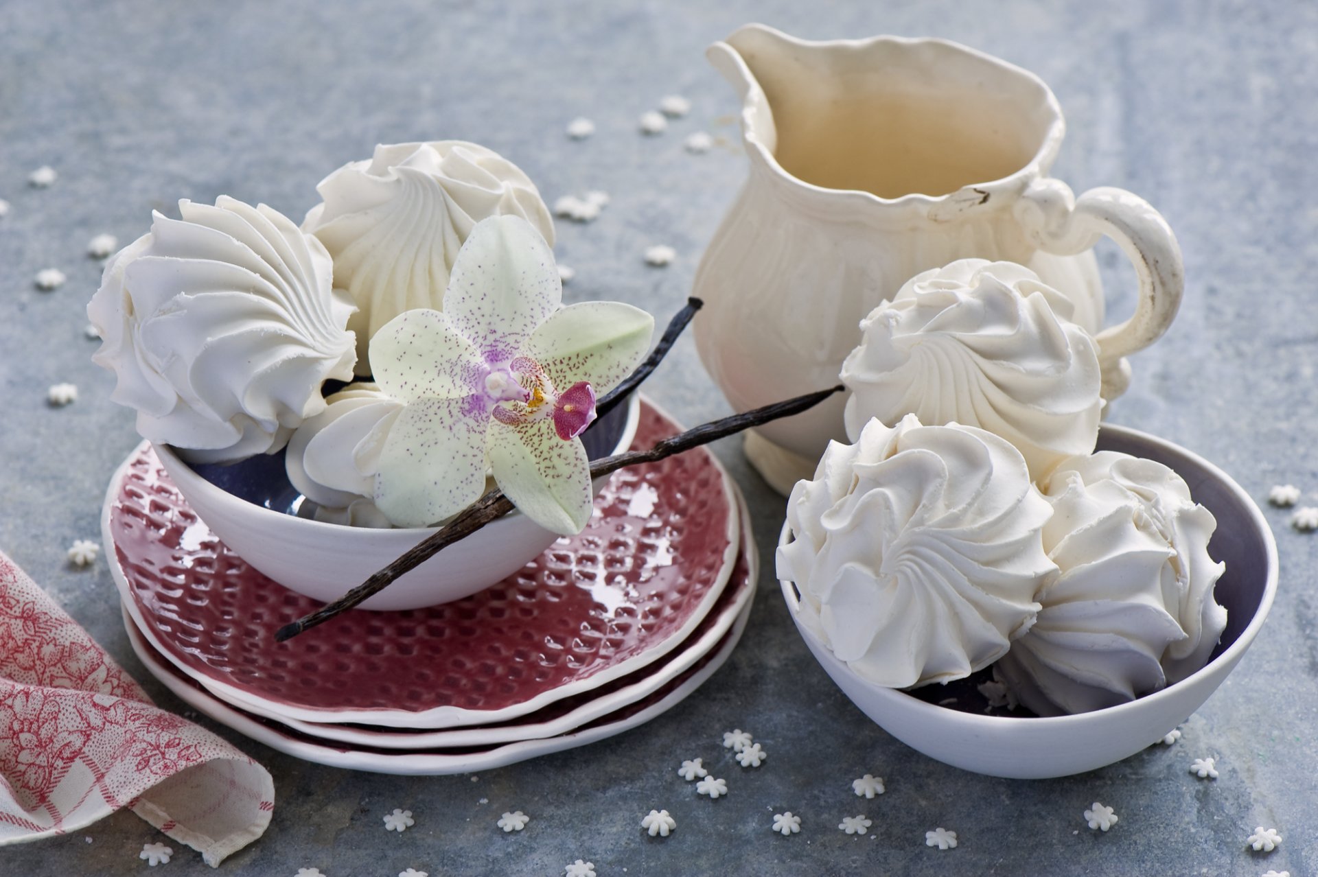 marshmallows orchid flower tableware still life