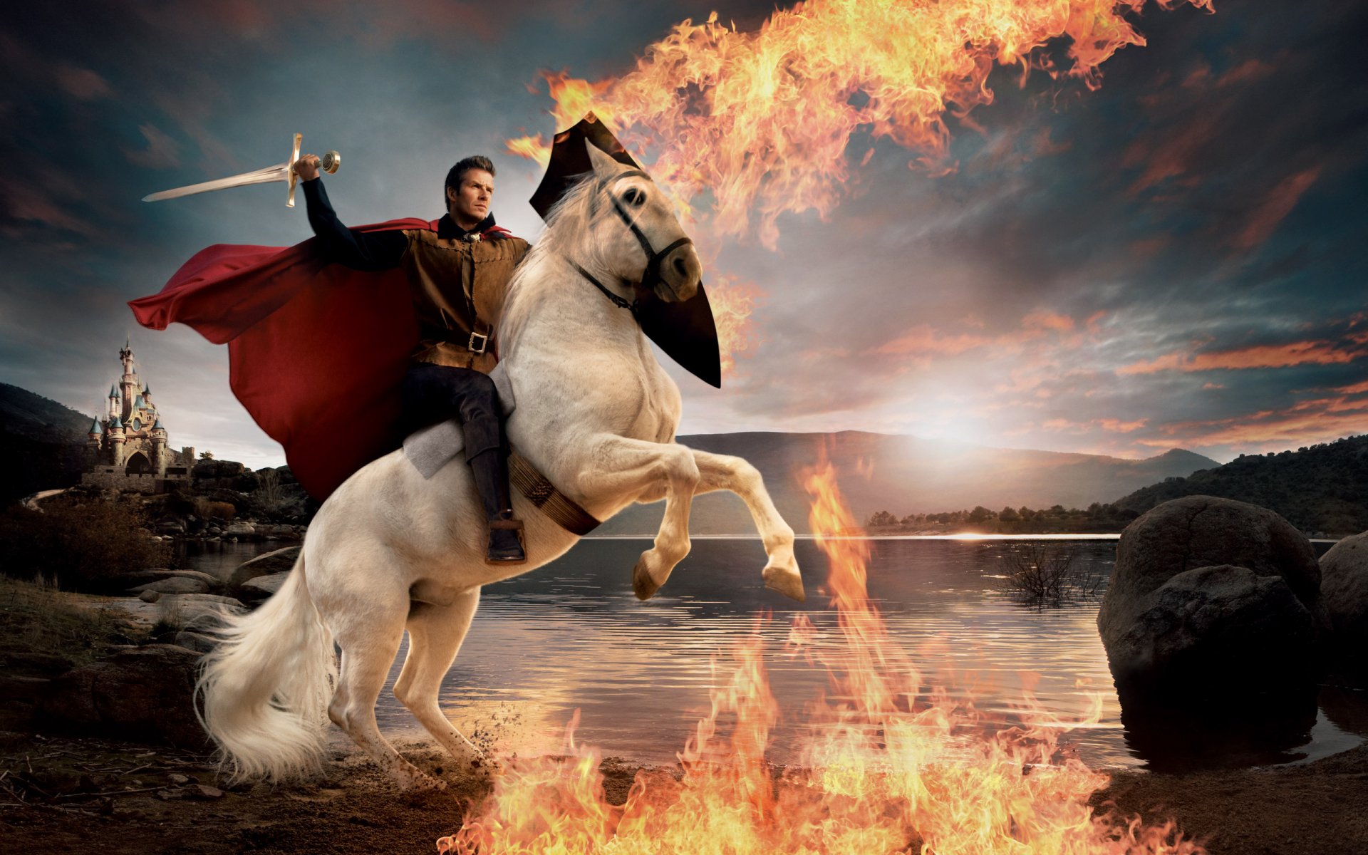 david beckham prince on a white horse coat sword flame fire castle