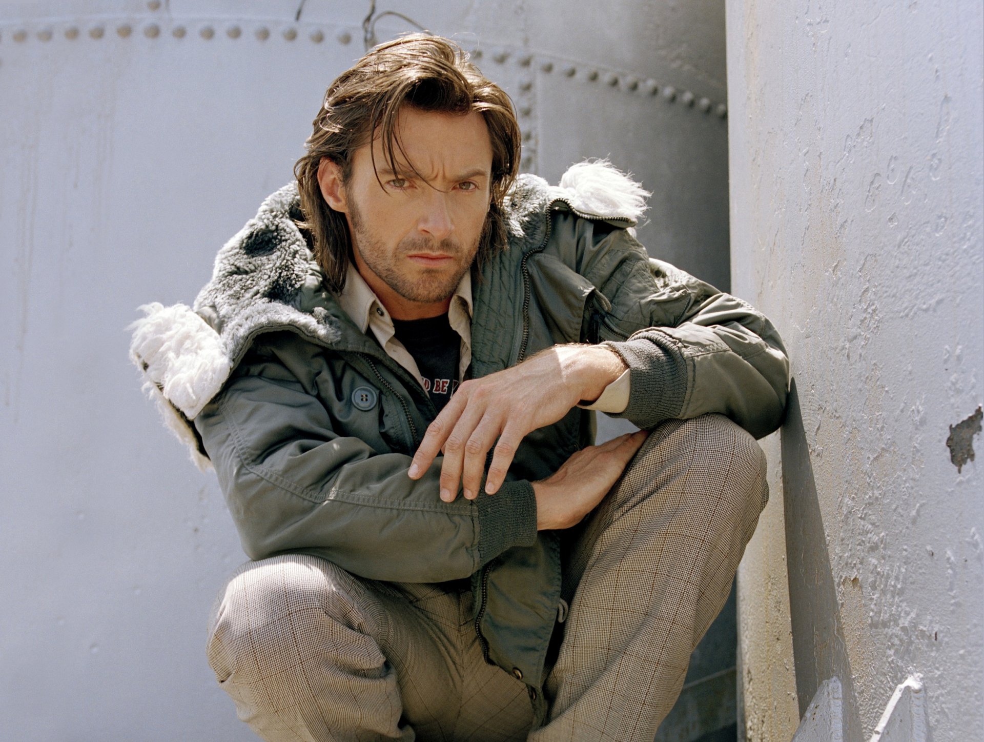 hugh jackman men pants jacket face seriousness hair