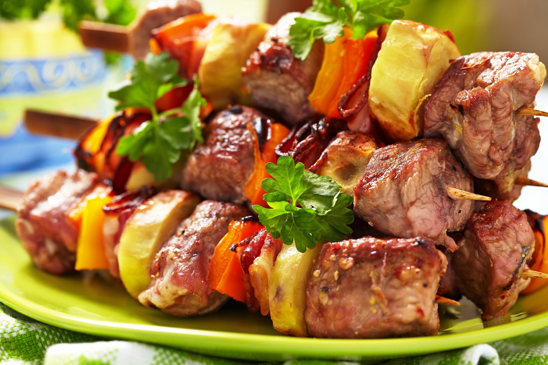 meat vegetables barbecue skewer