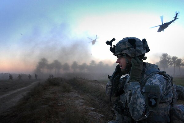 A soldier on the battlefield wearing a helmet