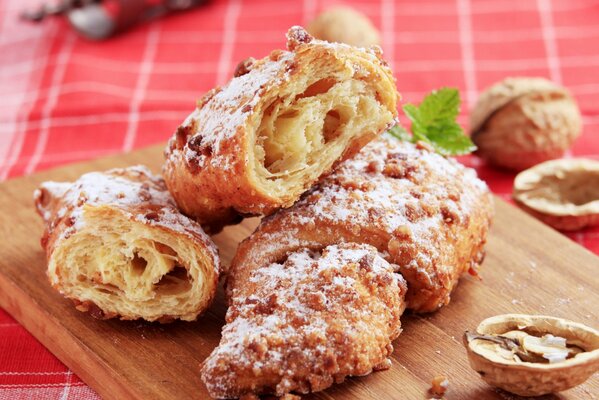 Beautiful and rosy croissants and walnuts