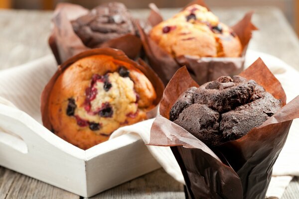 Chocolate muffins on a tray