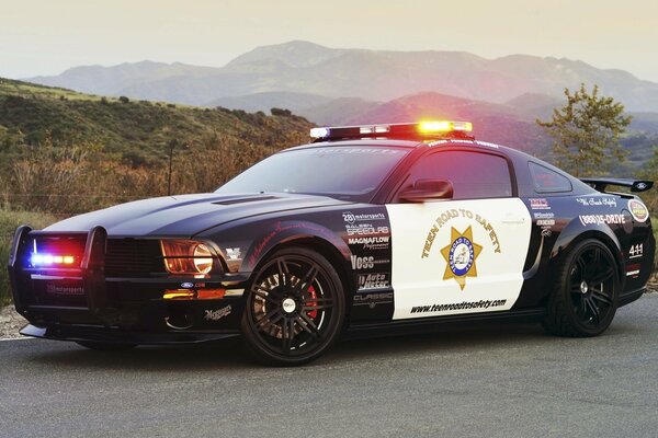 A black police car mustang is standing on the road side view