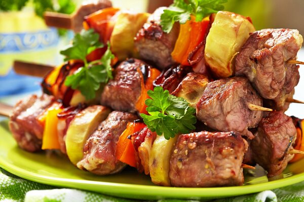 Juicy and fresh, delicious kebab on skewers