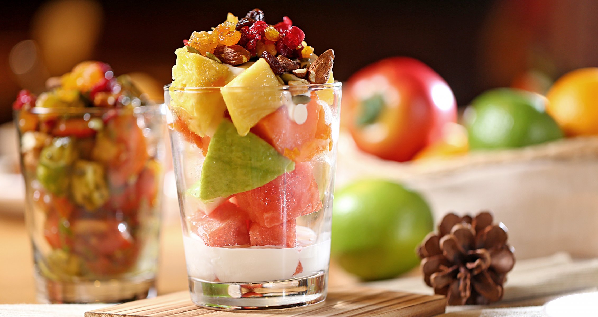 dessert glasses fruits berries salad nuts dried fruit