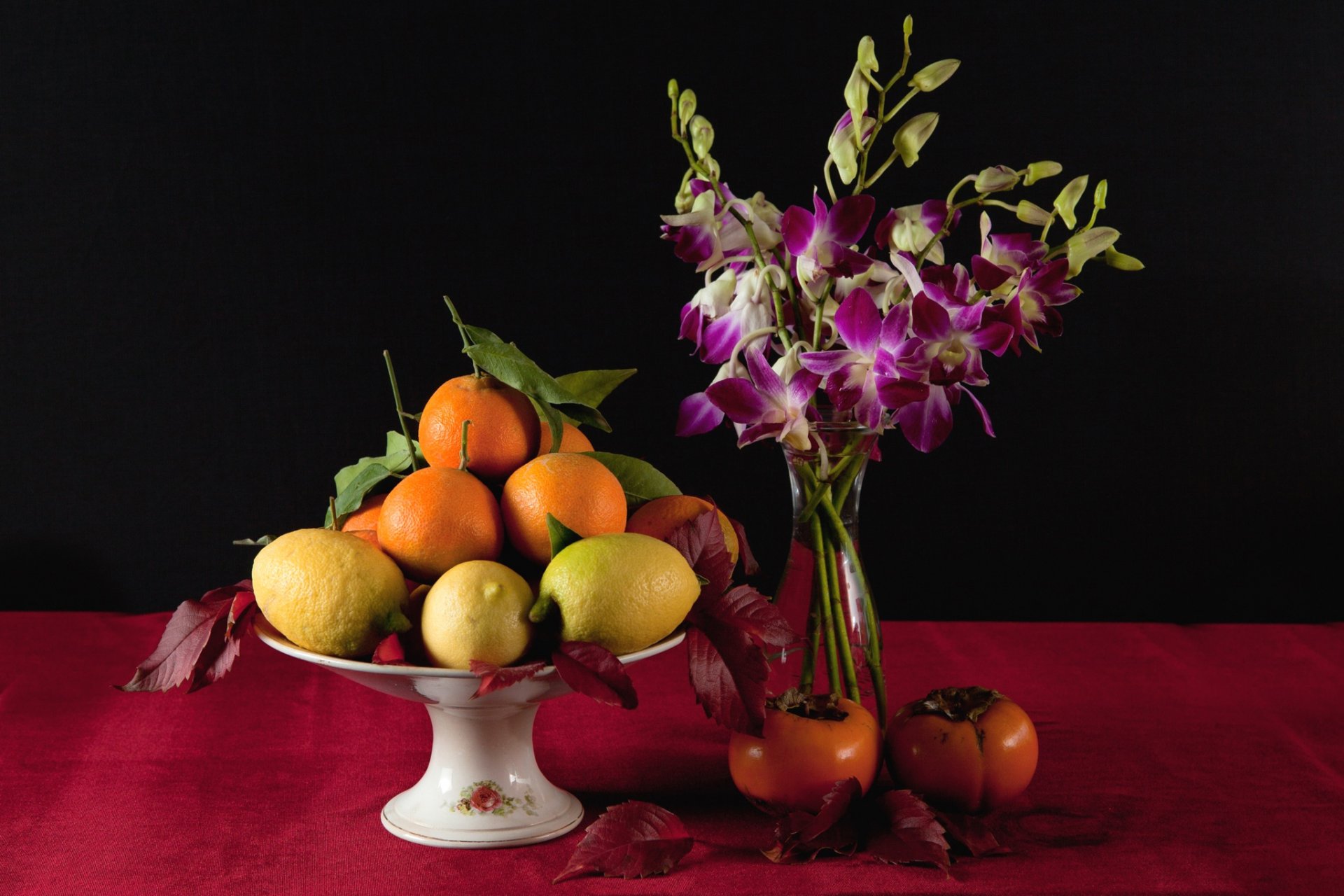 till life vase flower fruits lemon orange persimmon